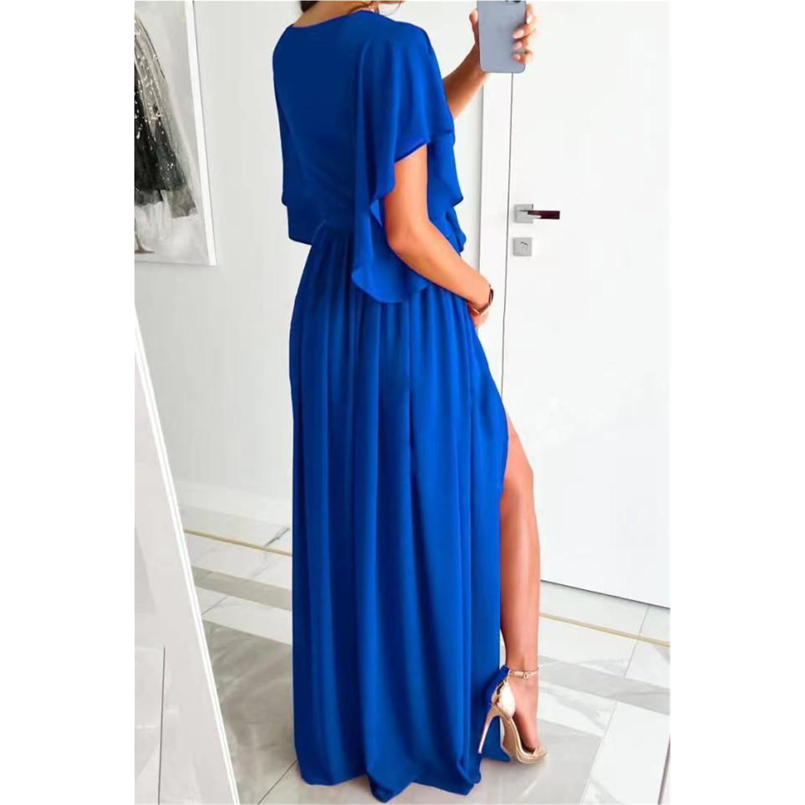 Abito Estivo Delle Donne Summer Maxi Casual Abito Lungo Sciolto Maniche Corte V-Neck Abiti, HUTALIM, Khaki, l