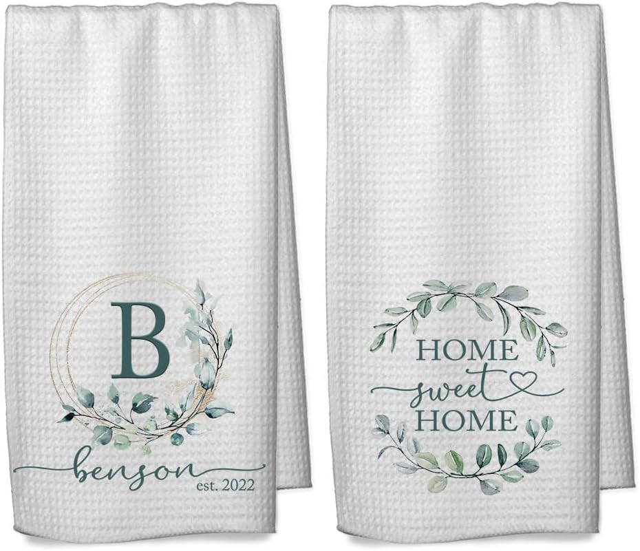 Studio 9Thirty3 Personalized Monogram Wreath, Home Sweet Home Towel Set, Custom Wedding Gift, Engagment Gift, Housewarming Gift, Gift for Hostess (Microfiber Waffle Towel)