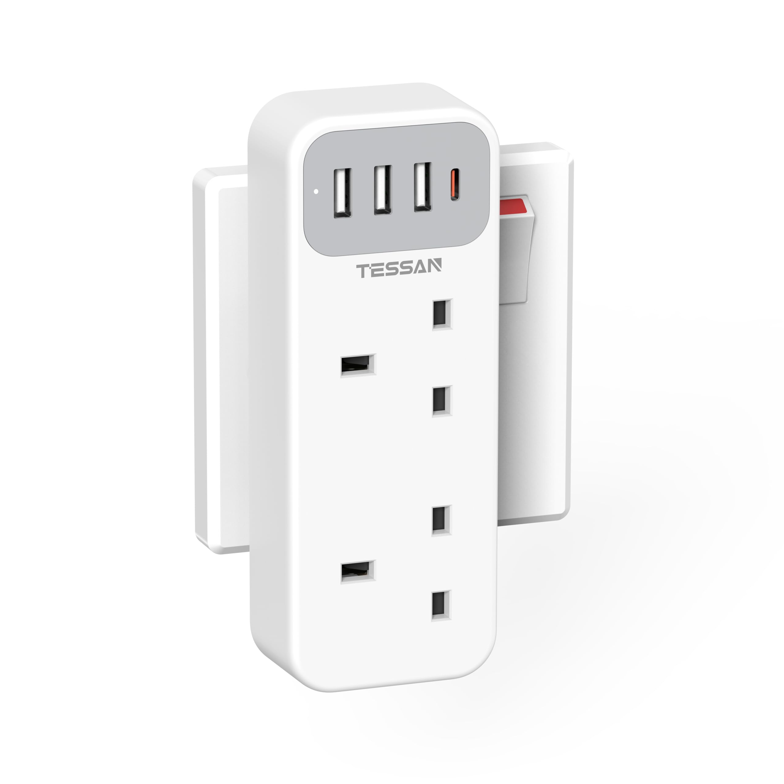 Plug Adapter with 3 USB A and 1 USB C, TESSAN Double Plug Extension Socket, 2 Way MultiPlug Adaptor
