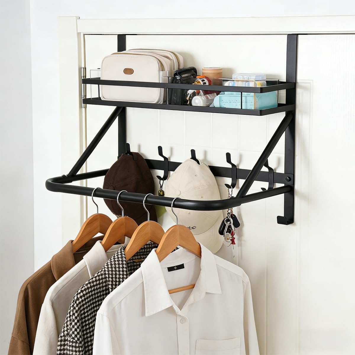 Over The Door Clothes Hanger, Metal Over The Door Hangers for Clothes with 7 Hooks1 Storage Basket For Clothing Hanger Drying Racks for Laundry, Bedroom, Washroom wait（black）