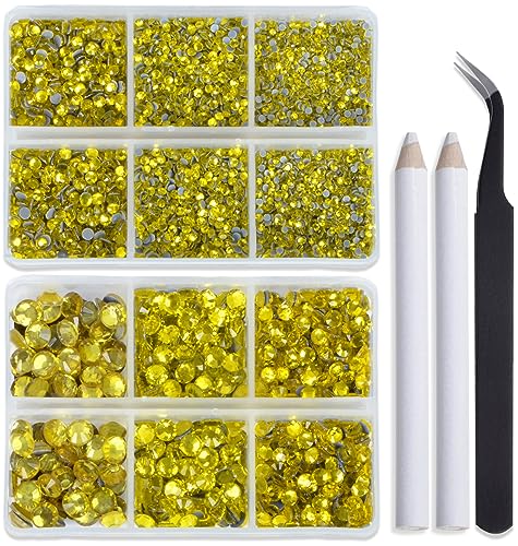 Image of Bymitel Hotfix Crystal Rhinestones Round Gems for Crafts,Mixed 6 Sizes with Wax Pencil Kit, Citrine 1.6-6.3mm SS4-SS30 /8000pcs