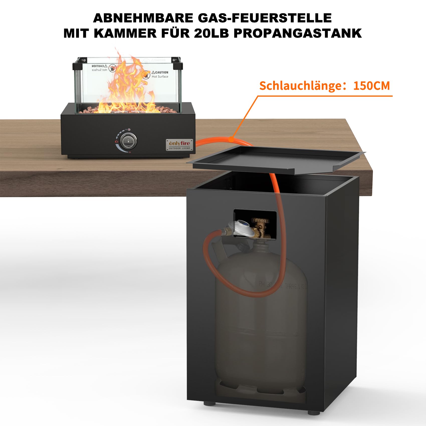 Onlyfire Abnehmbare Gas Feuerstelle, Quadratische Outdoor Gas Feuertisch mit Glaswindschutz, Rollen und Lavasteine, Terrassenfeuer mit Elektronische Zündung, 6,85KW, für Garten und Balkon, Schwarz
