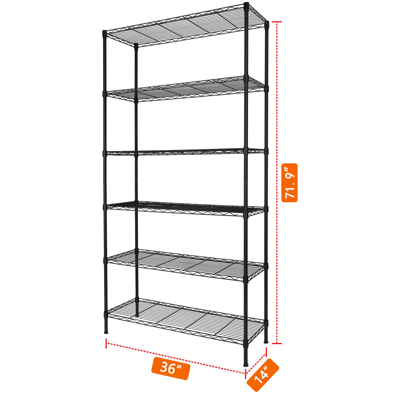 6-Shelf Adjustable Heavy Duty Storage Shelving Unit, Metal Organizer Wire Rack for Laundry Bathroom Kitchen Pantry Closet No Wheels, Black