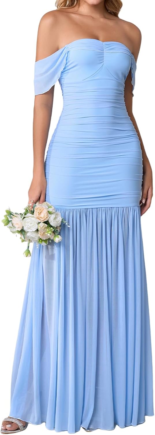 XinFSh Women's Off The Shoulder Maxi Formal Wedding Guest Dress Ruched Mesh Bodycon Long Cocktail Dresses