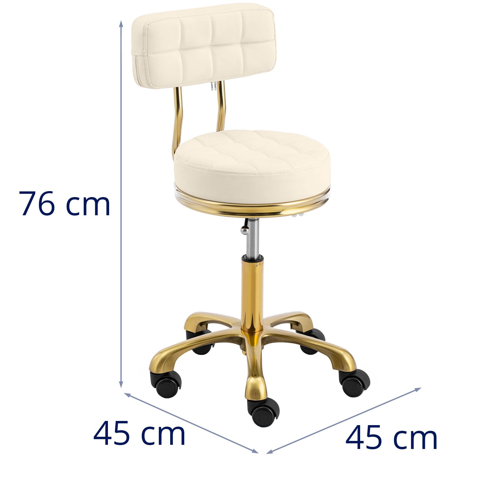 physa Taburete con ruedas, respaldo y altura de asiento regulable en 51 - 66 cm para hasta 150 kg beis/dorado Taburete de peluquería estética regulable en altura Banqueta de trabajo