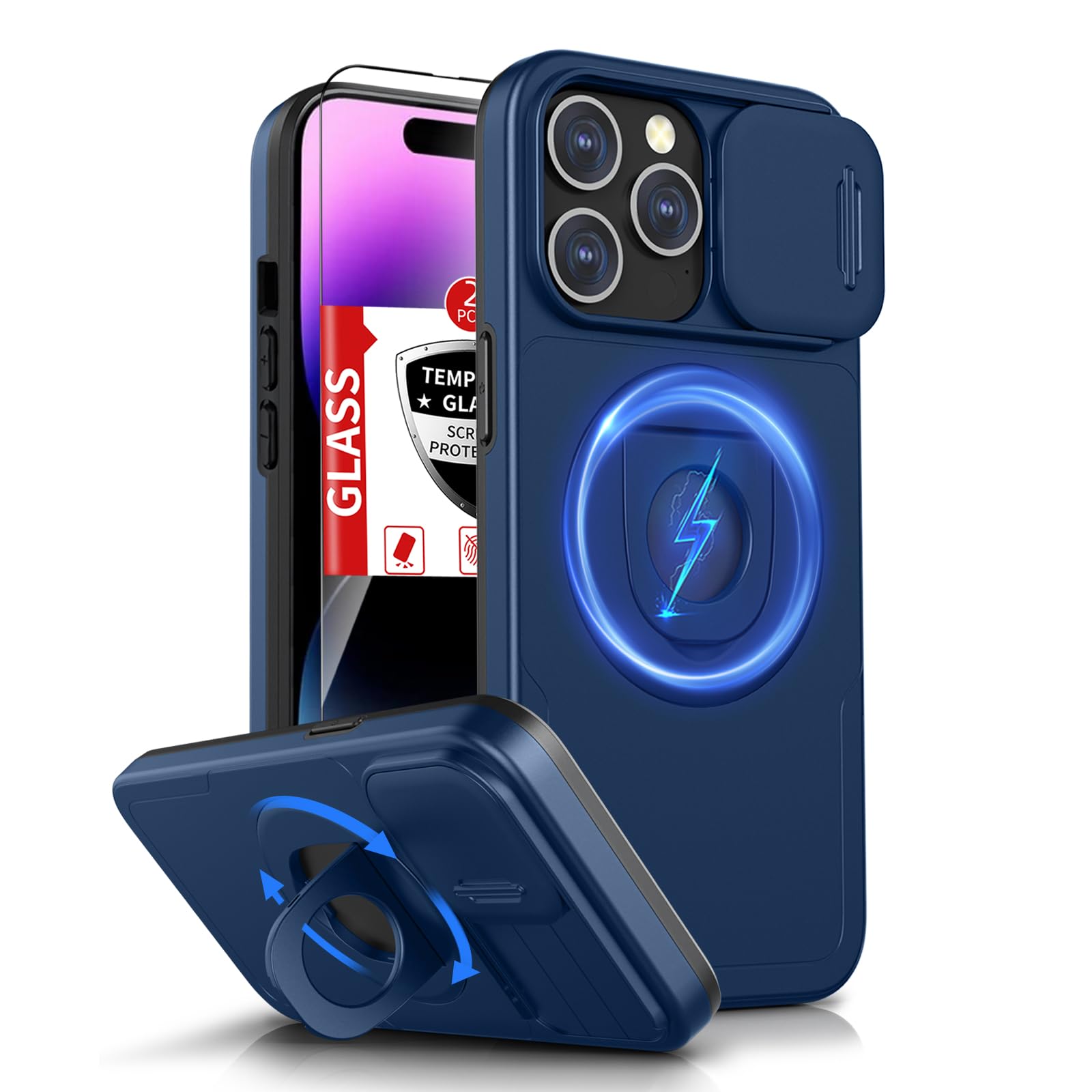 Magnetic for iPhone 14 Pro Case with Camera Cover & Ring Kickstand