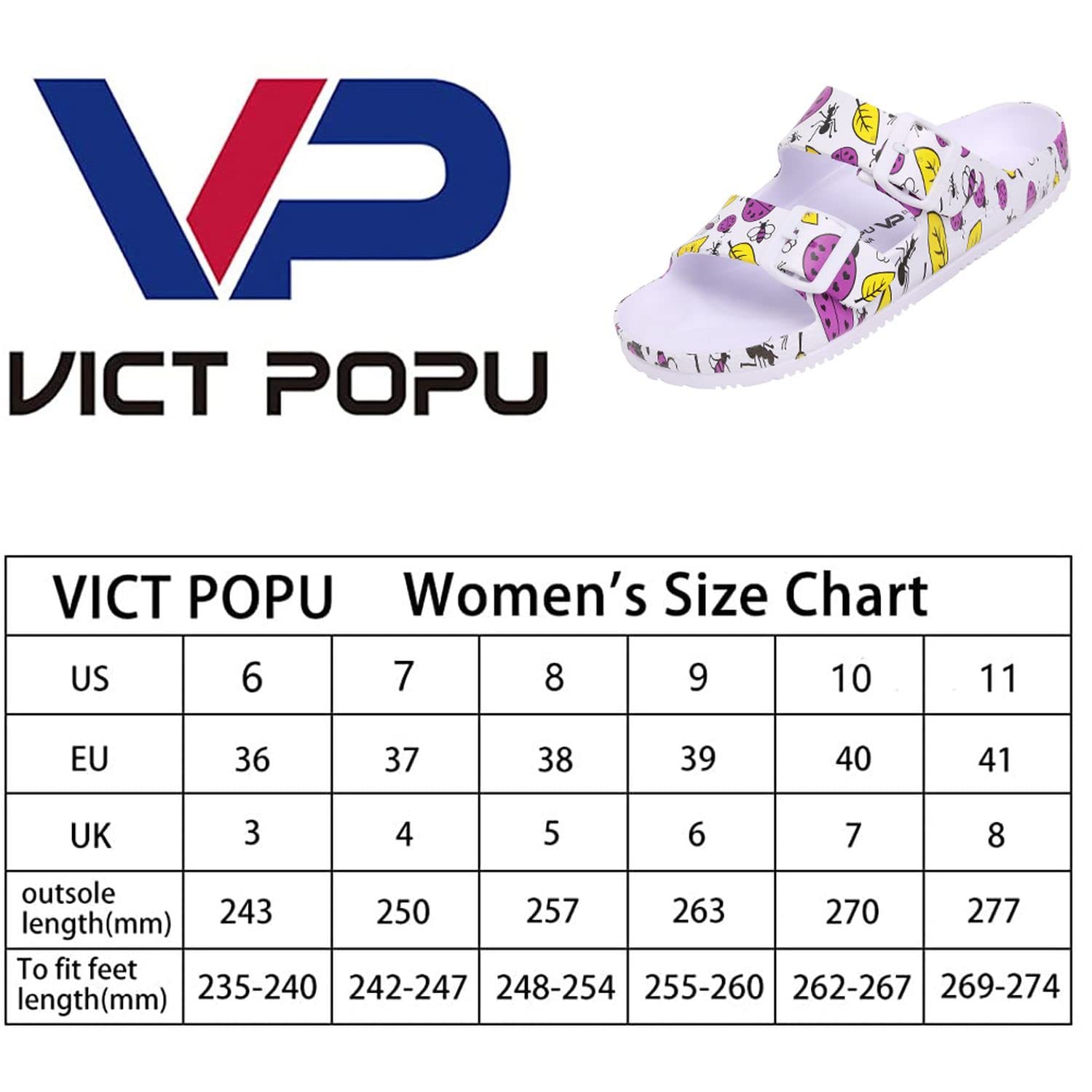 VICT POPU Damskie sandały otwarte palce regulowany pasek z podwójną klamrą wodoodporna wkładka EVA wsparcie łuku klapki klapki