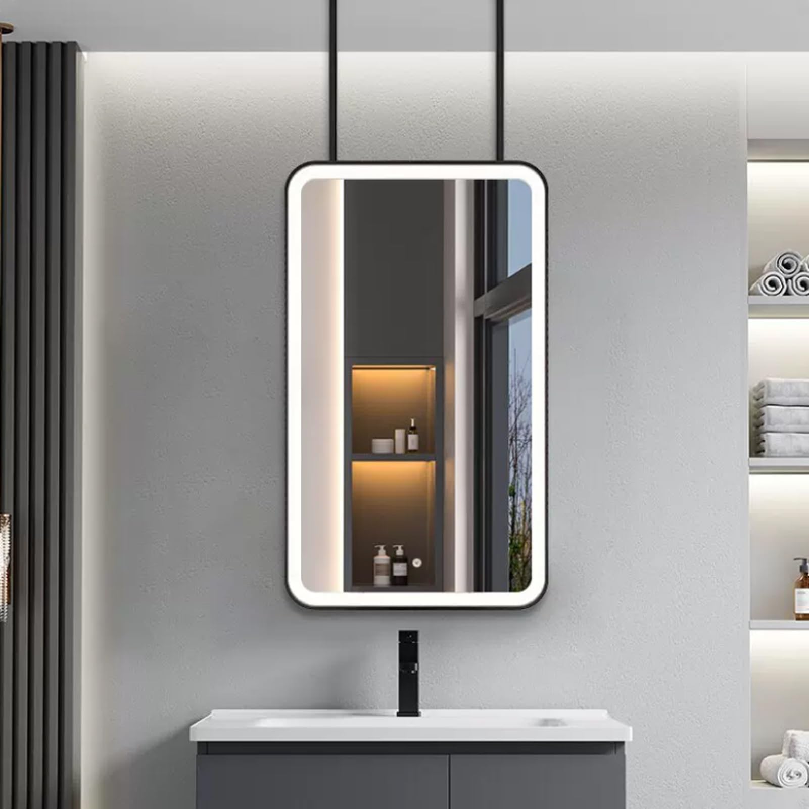 FGXHHS Rounded Rectangle with LED Lights，Metal Frame Illuminated Wall Mounted Light Up Mirrors Suspended Vanity for Hotel Bedroom，Entrance(40cmx60cm)