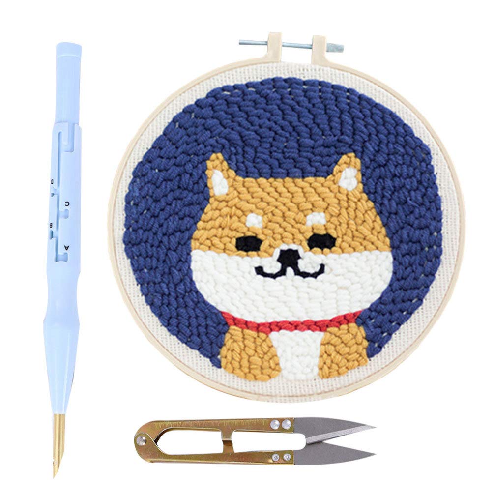 – Punch Needle Embroidery Kits Punch Needle Tool Threader Fabric Embroidery Hoop Yarn Rug Punch Needle Set for Beginners Kids Adults Shiba Inu