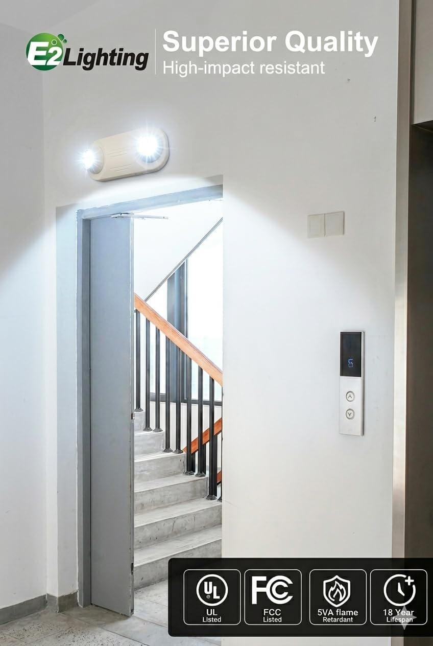E2 Lighting Premium Emergency Lighting with Low Profile High Output (1590 Lumens) Commercial LED Emergency Lights with 2 Aimable Lamp Heads, Ceiling or Wall Mount UVOLT120-277V