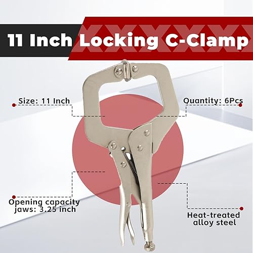 Miniatura 4 de findmall 6 abrazaderas C de bloqueo de 11 pulgadas con almohadillas giratorias, mesa de alicates de bloqueo tipo C de alta resistencia y agarre de