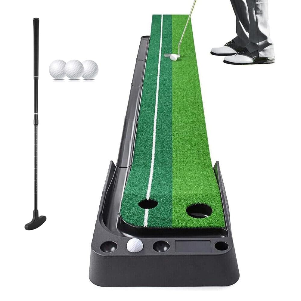 yabymy Golfmatte Puttingmatte, Golf Auto Rückkehr Puttingmatte, Golf Putter und 3 Golf Bälle Golf Übungsmatte, 300cm Indoor Outdoor Putting Trainer Matte Golfübungsgeräte für zu Hause Büro Gym