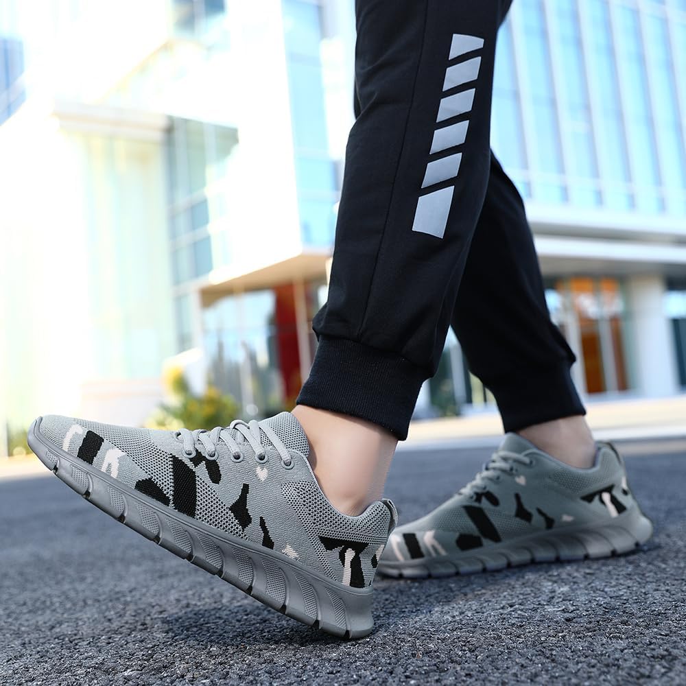 FUJEAK Men's Running Shoes | Lightweight Non-Slip Athletic Sneakers for Hiking Tennis Jogging & Work | Comfortable Cushioned Multifunctional Trainers Camou_Lt_Gray Size 8