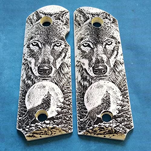 Compact 1911 Custom Engraved Imitation Ivory Grips Howling Wolf Moon