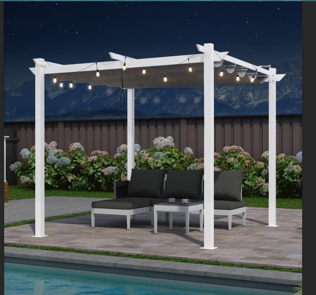 PURPLE LEAF 10' x 10' Outdoor Aluminum Pergola White Heavy-Duty Retractable Pergola with String Lights Patio Metal with Double Sun Shade Canopy for Backyard Gardens Deck, Grey