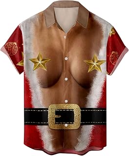 Ctreela Mens Fake Abs Funny Party Short Sleeve Shirt Gag Funky Santa Holiday Ugly Muscle Tits Button Down Hawaiian Shirts
