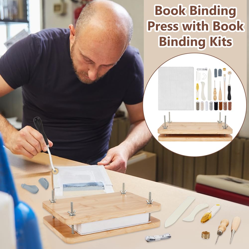 AHANDMAKER 12 x 8 Buchpresse Buchbinderei Buchbinde Sets Buchbindezubehör Mit Falzbein Ahle Nadeln Mit Großem Öhr Buchtuch Holz Buchbinde Starter Werkzeuge Für Handgefertigte DIY Bücher Blumenpresse