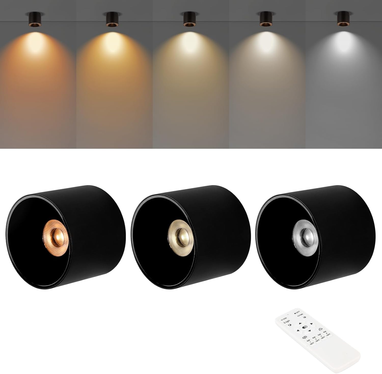 Dimmable LED Ceiling Spot Lights with Remote – Flush Mount Ceiling Cylinder Light Indoor Fixture for Kitchen, Hallway & Entryway 4.72” CRI97 15W 5CCT 2700K-6000K Black (3Pack)