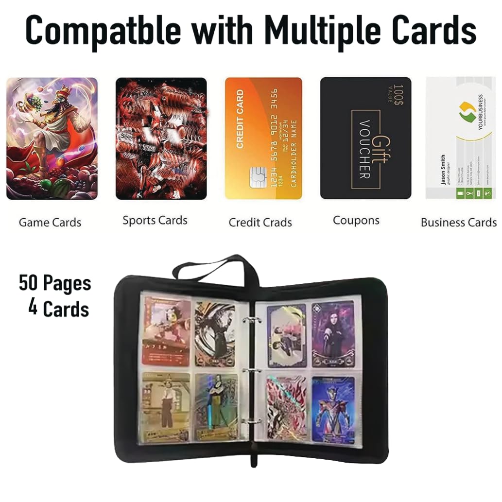 Trading Card Zip Binder - 4-Pocket Sleeves, 50 Pages, 200-Card Capacity, 3-Ring PU Album with Wrist Strap, Flame Dragon Artwork - Image 4