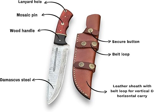 Miniatura 5 de Cuchillo Bowie de caza hecho a mano de acero de Damasco con funda de cuero 12 pulgadas forjado a mano hoja fija de Damasco para hombres y mujeres