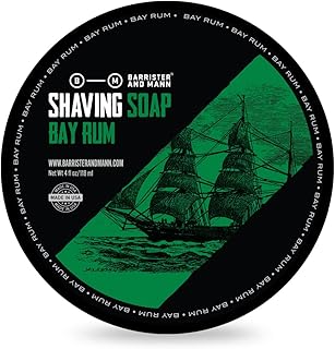 Barrister and Mann Shaving Soap | Luxury Dense, Rich & Creamy Lather Tallow Wet Shave Puck Infused Black Strap Rum & West Indie Bay, Sweet Orange, Cinnamon | Grooming Routine for Men 4 Oz (Bay Rum)