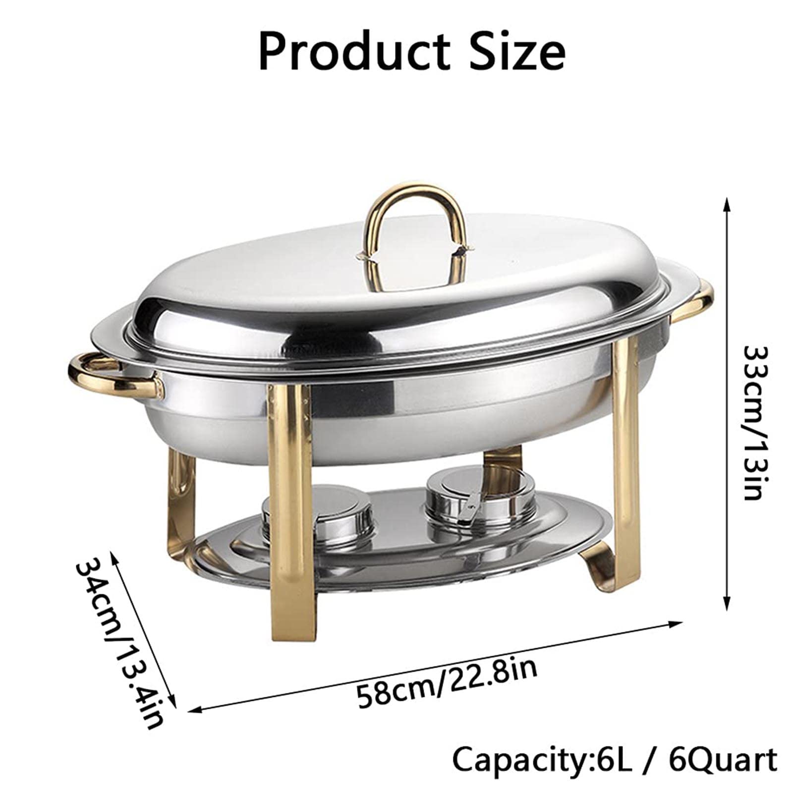 Chafing Dish Ovale, Set scaldavivande da 6 Litri con Coperchio, Supporto per pentola d'Acqua e Supporto per combustibile per Catering, Feste, Matrimoni, cene, Oro