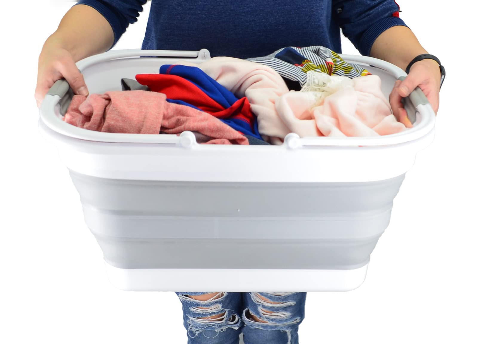 SAMMART Bassine pliable de 29 l avec poignée - Panier de pique-nique portable - Bac de rangement pour économiser de l'espace - Capacité d'eau de 24 l (1, blanc/gris)