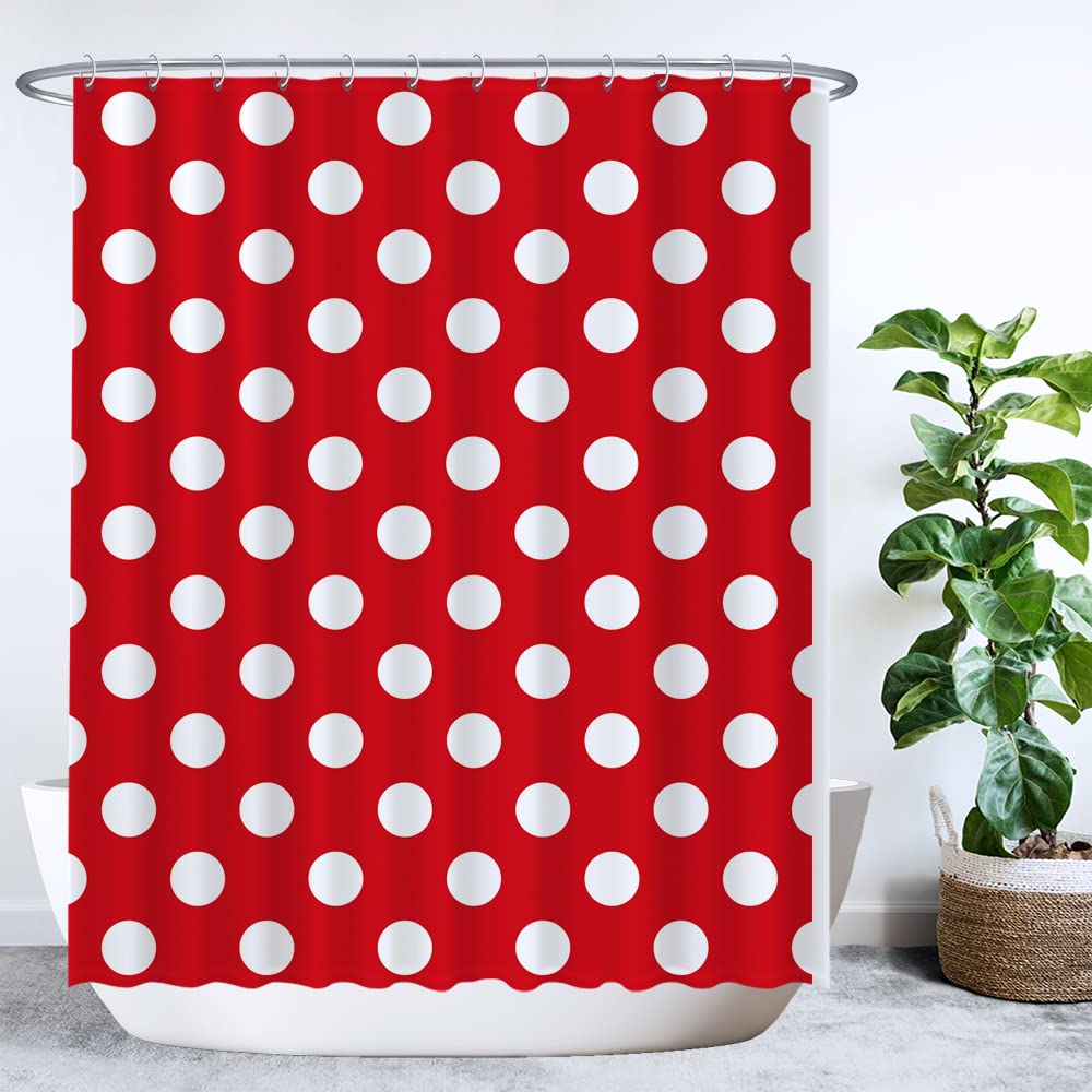 Ulticool - Shower Curtain – Polkadot Polka Dots – 180 x 200 cm – Bathroom Curtain – Semi Transparent – Washable – Anti-Mould – with 12 White Rings – Red