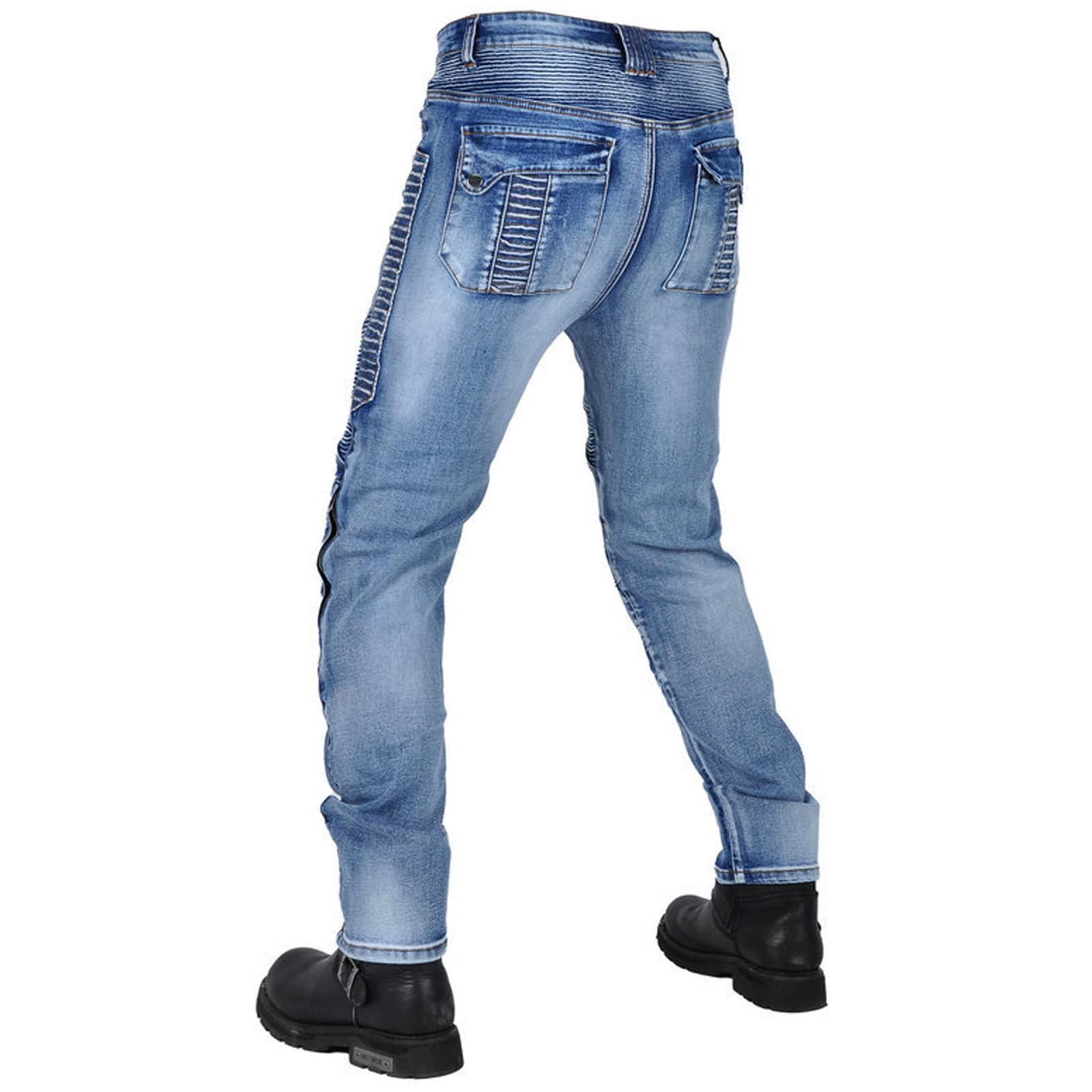 Męskie spodnie motocyklowe, z kevlaru, rozciągliwe, ochronne dżinsy ochronne, odporne na rozdarcia, retro spodnie jeansowe do jazdy konnej, zdejmowane ochraniacze CE, NIEBIESKI, 4XL