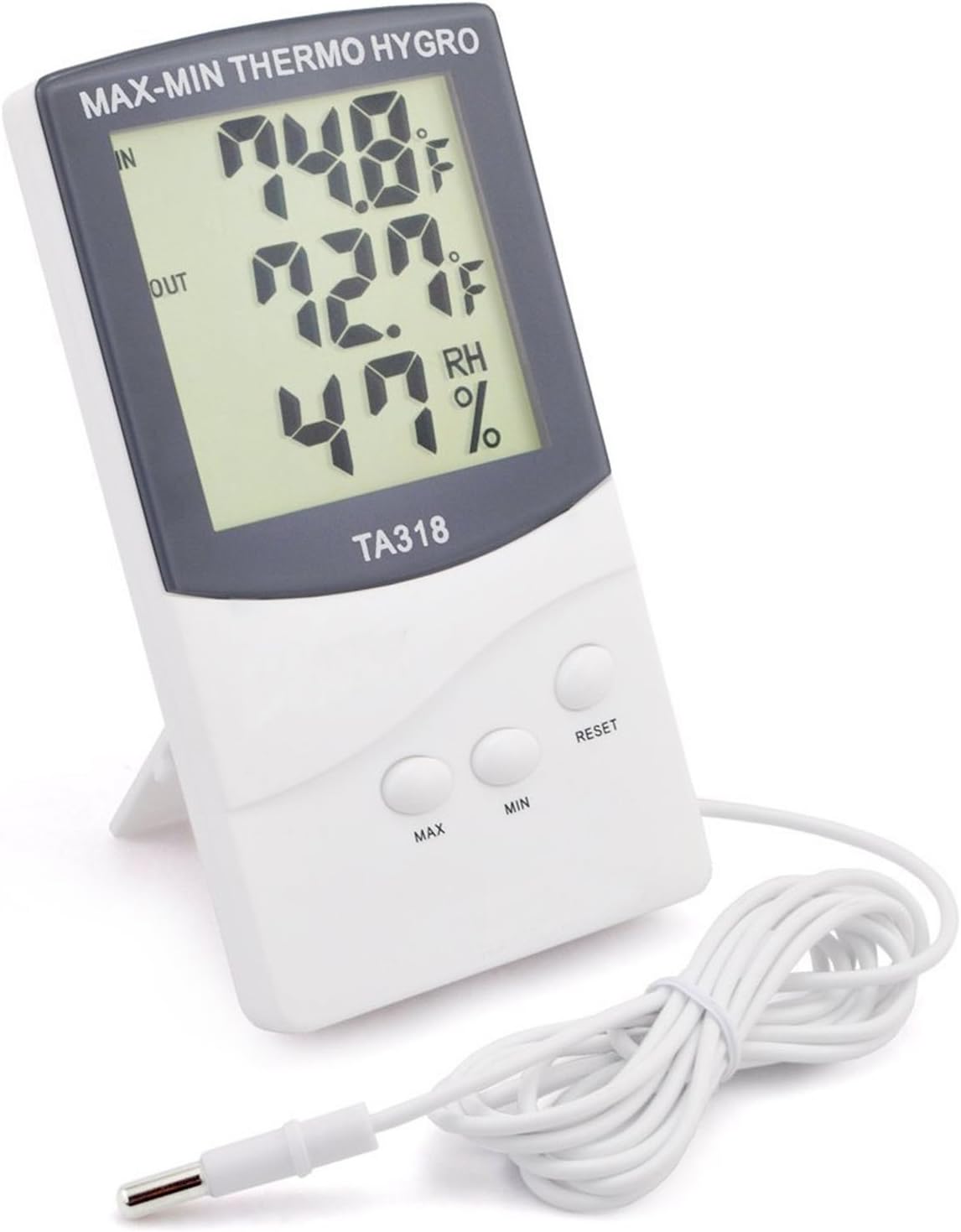 [2-in-1] Digital Thermometer/Hygrometer. Indoor/Outdoor Humidity Monitor/LCD Display/Celsius/Fahrenheit. Records Min/Max Temperature! Great for Home/Living Room/Office