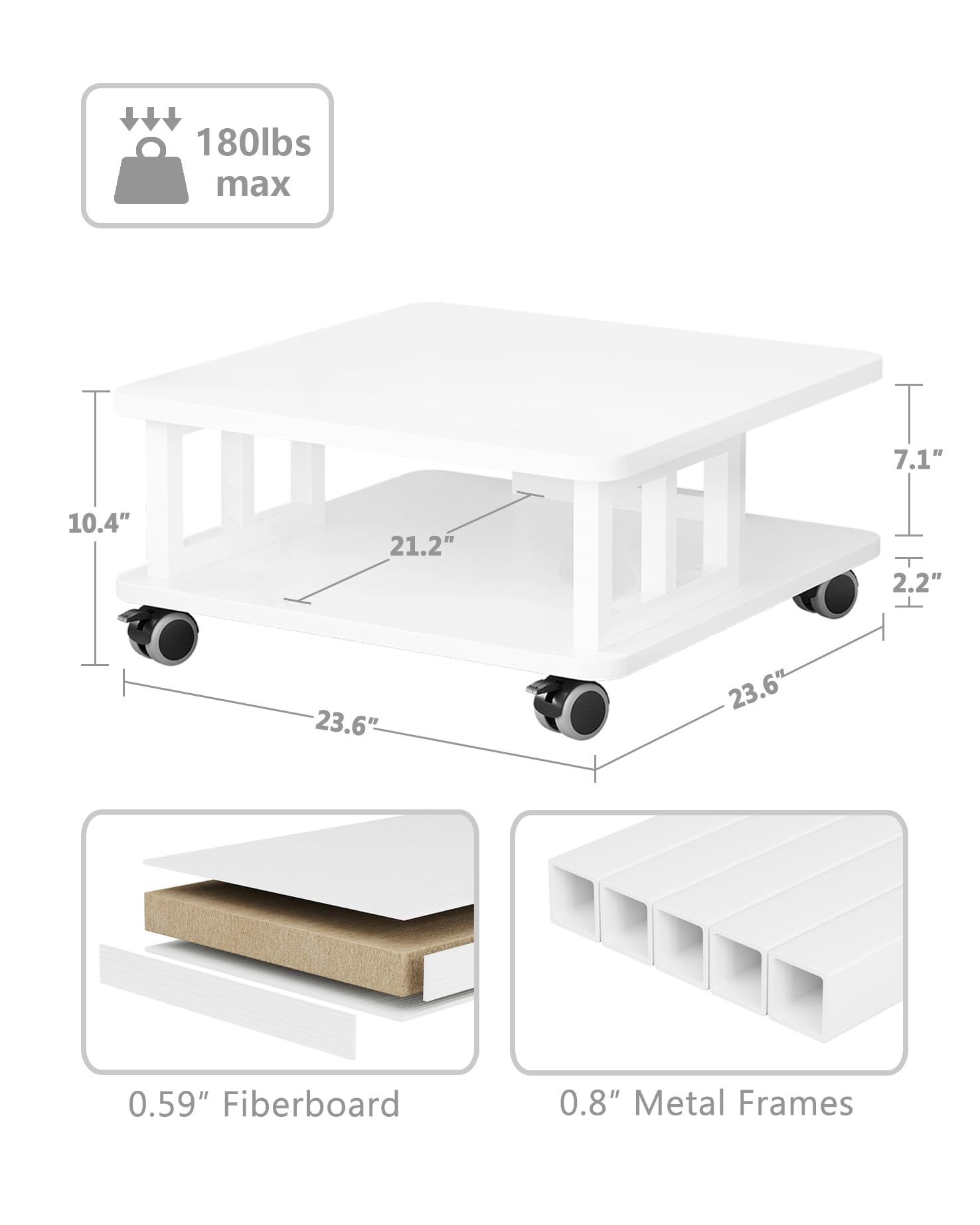 Soporte para impresora móvil, estante grande de 2 niveles para impresora láser 3D, máquina de oficina con almacenamiento, carrito de impresora de madera de 23.6 x 23.6 pulgadas, estante debajo 3