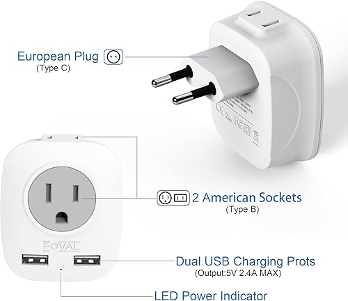 Miniatura 2 de Adaptador de viaje de enchufe europeo, paquete de 3 adaptadores de corriente FOVAL International con 2 USB, 2 salidas americanas, adaptador de