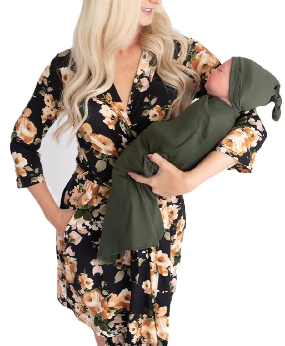 DOUBLE THE SPRINKLES Matching Robe and Swaddle Set Mom And Baby -  Mommy and Me Robe and Swaddle Set, Floral Print Maternity Hospital Gown and Baby Boy Girl Outfits