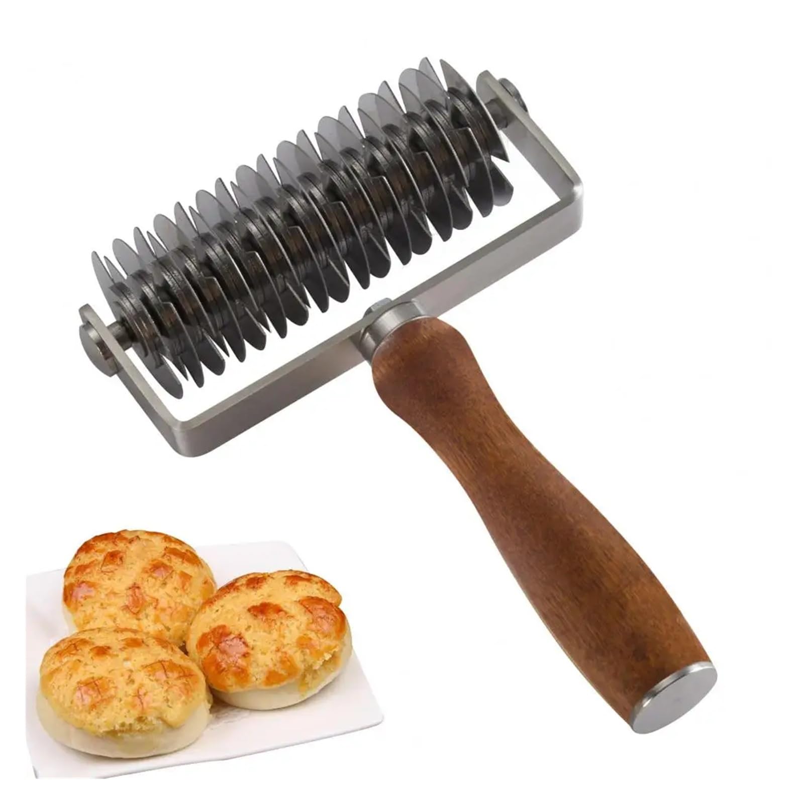 Nóż do ciasta na pizzę ze stali nierdzewnej z drewnianym uchwytem, do ciastek, ciasteczek, ciast (kolor drewniany)