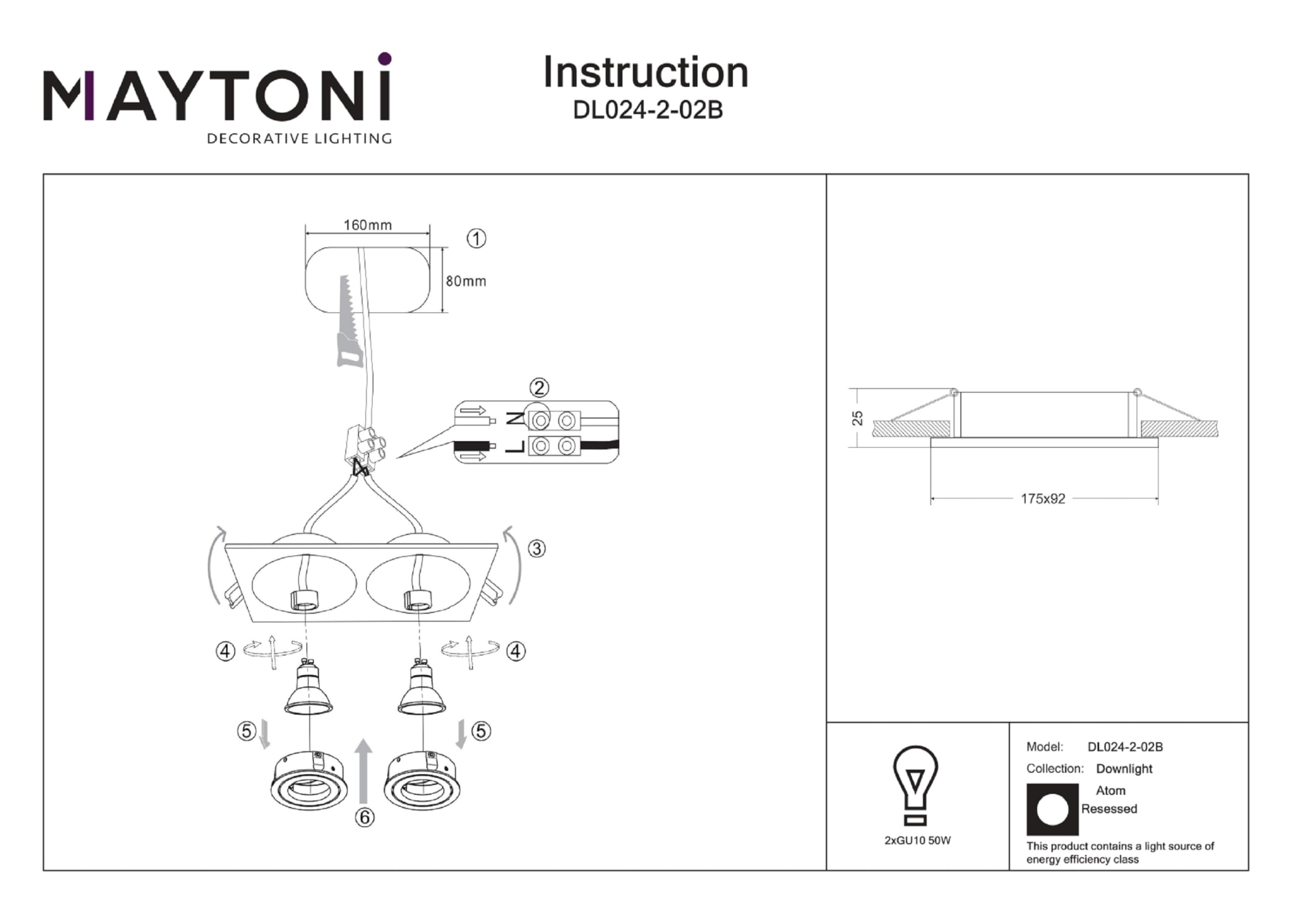MAYTONI ATOM spot led encastrable carré – Downlight 2 x GU10 (10 W) – plafonnier LED plat en aluminium noir, orientable – luminaire plafonnier design pour cuisine, salon, chambre et couloir