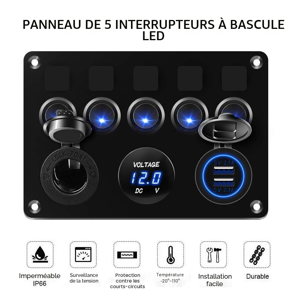 KAOLALI 5 Gang Panneau de Interrupteur à Bascule 12V 24V Interrupteur à Bascule Panneau Tableau Electrique Bateau RV Camping-Car (Bleu)