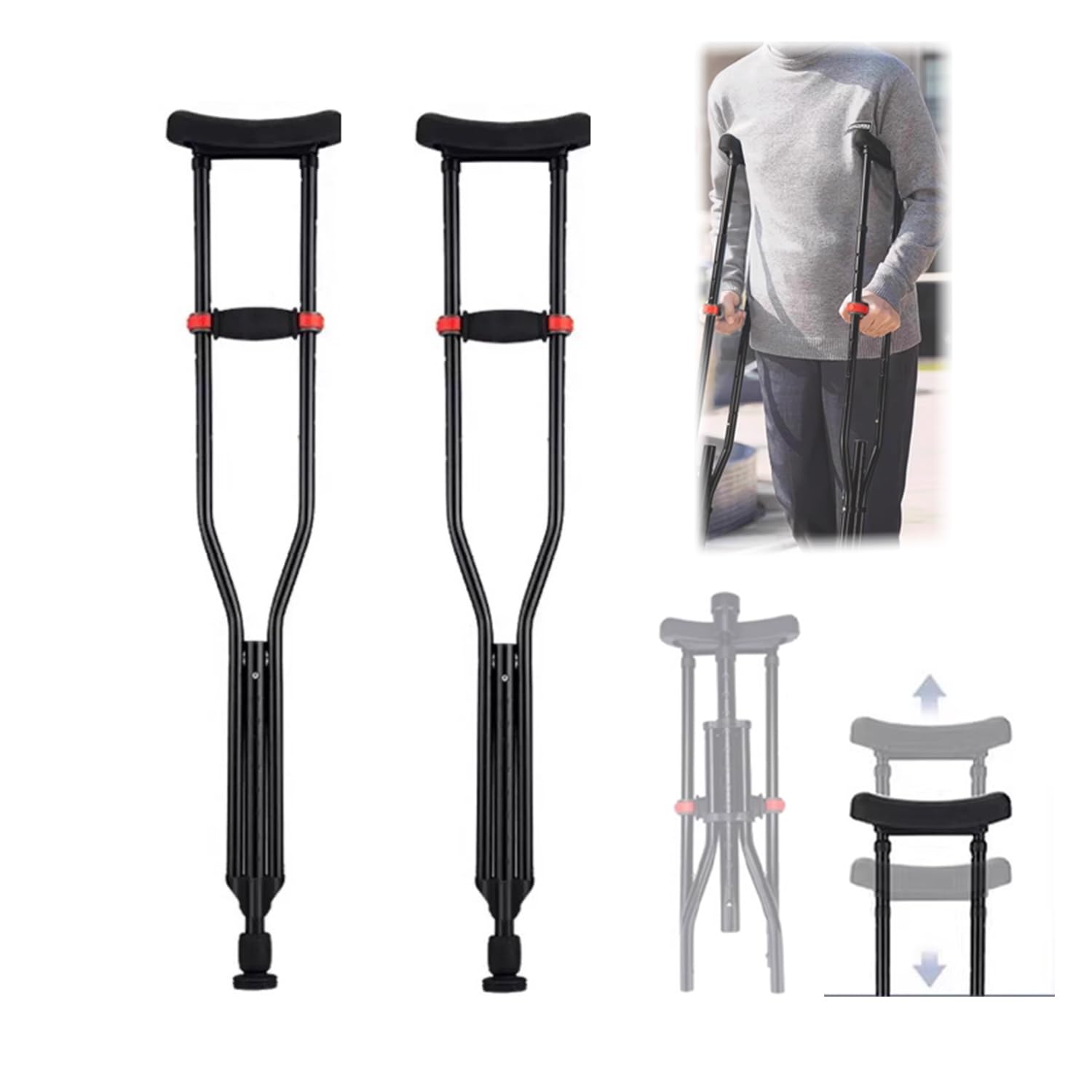 Axila Muletas,Bastón Universal De Aluminio,Ayuda para Caminar con Bastón,con Almohadilla Suave para La Mano,Ajustable De 98 a 158 Cm,Ligero,Apto para Personas con Movilidad Reducida(1 Par Negro)