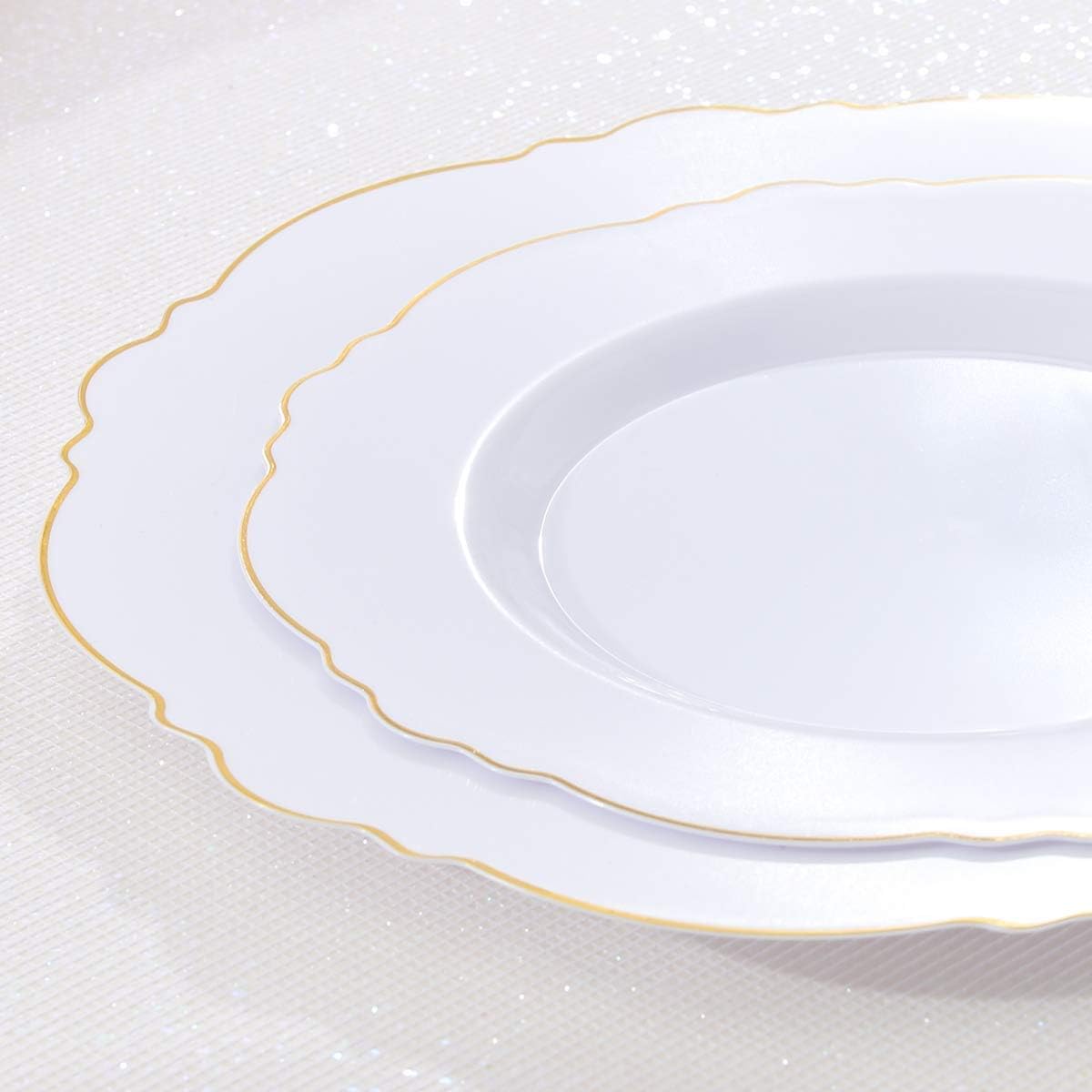 WDF 100pcs Gold Plastic Plates-60pcs Gold Plastic Plates -Baroque White