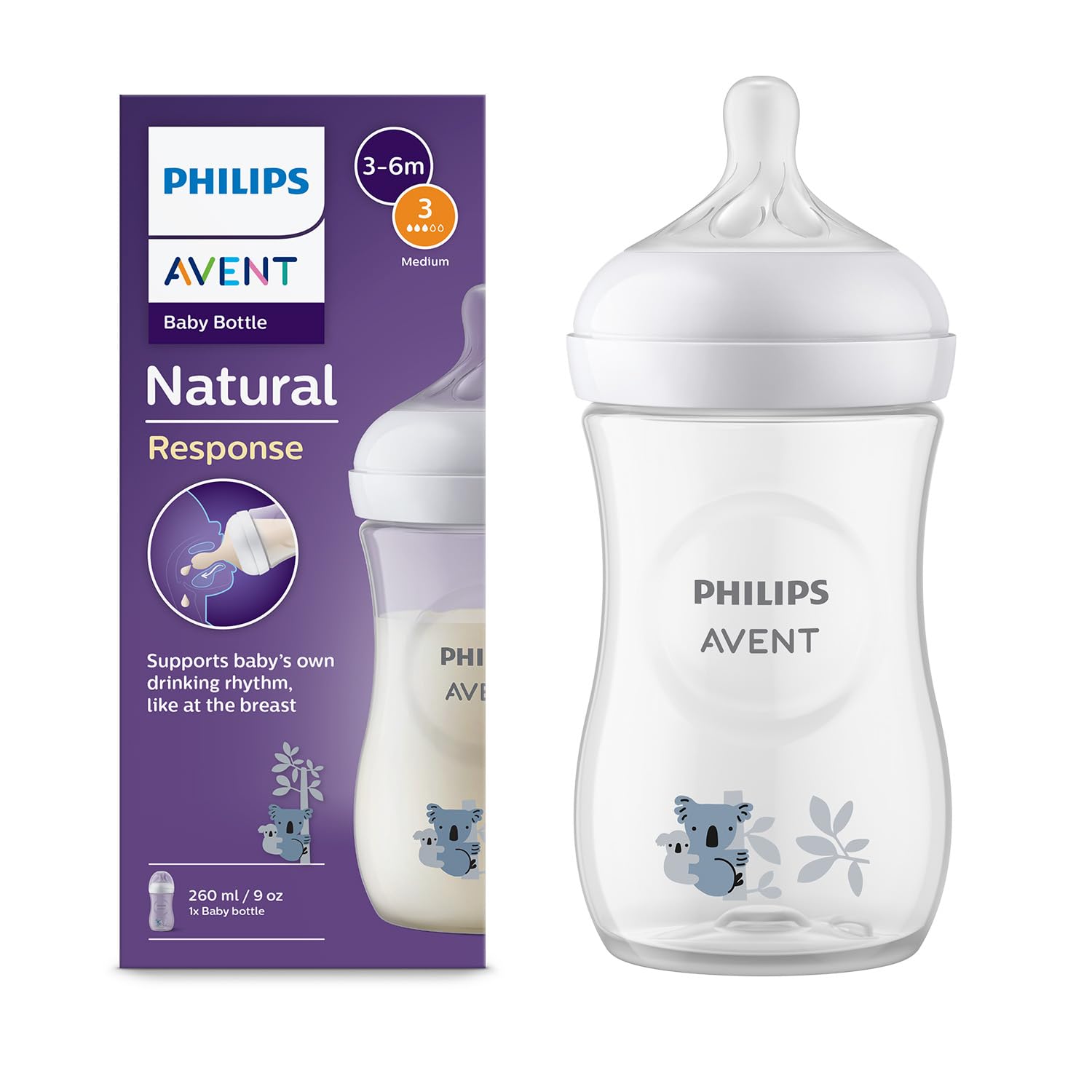AVENT Philips Natural Response Baby Bottle – 260ml Baby Milk Bottle, BPA Free for Babies 1 Month+, Koala Pattern (Model SCY903/67)