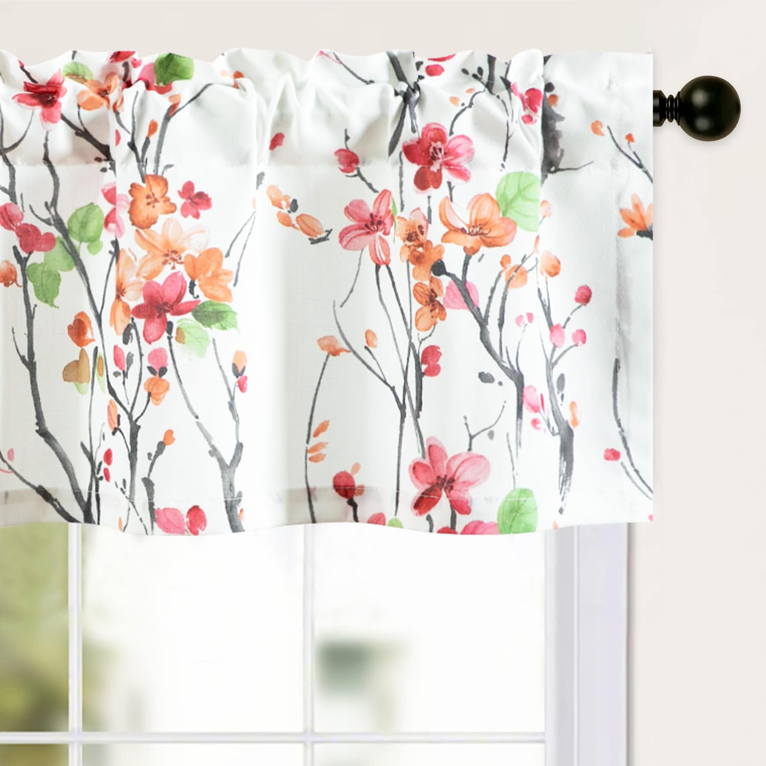 Leeva Vivid Pink Flower Printed Rod Pocket Valance, Farmhouse Vintage Light Filtering Privacy Window Treatment for Living Room Kitchen Bedroom, 52 x