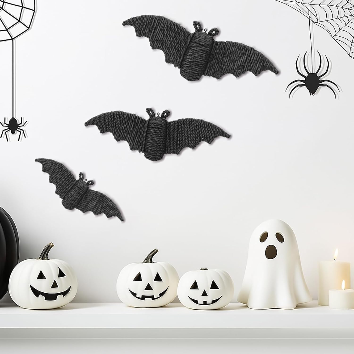 3 Pcs Woven Rattan Bat Wall Hanging Halloween Decor, 3D Scary Handcrafted Black Rope Bats, Rustic Natural Farmhouse Halloween Creepy Decorations for Home Fireplace Door, 9.06/7.48/5.91 Inch