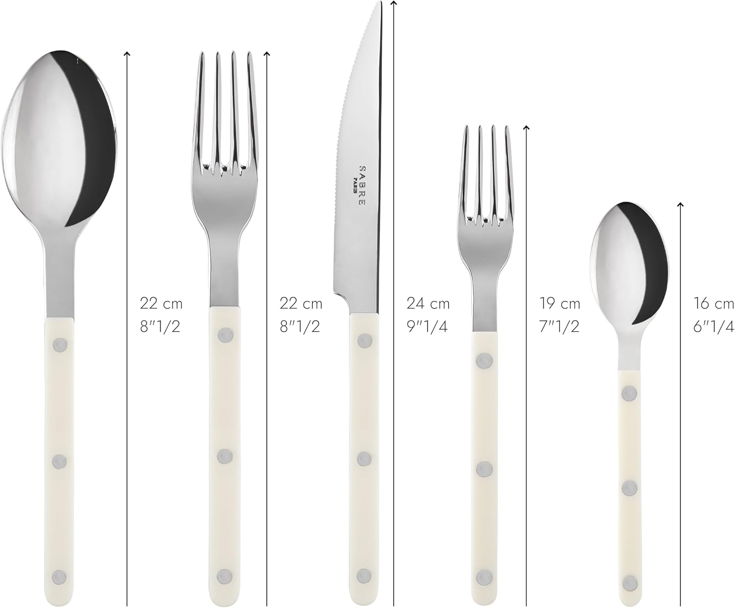 SABRE PARIS - 5-Piece Flatware Set - Bistrot Collection - Knife, Fork, Soup Spoon, Teaspoon & Dessert Fork - Stainless Steel & Nylon - Dishwasher Safe - Ivory - Brilliant Finish