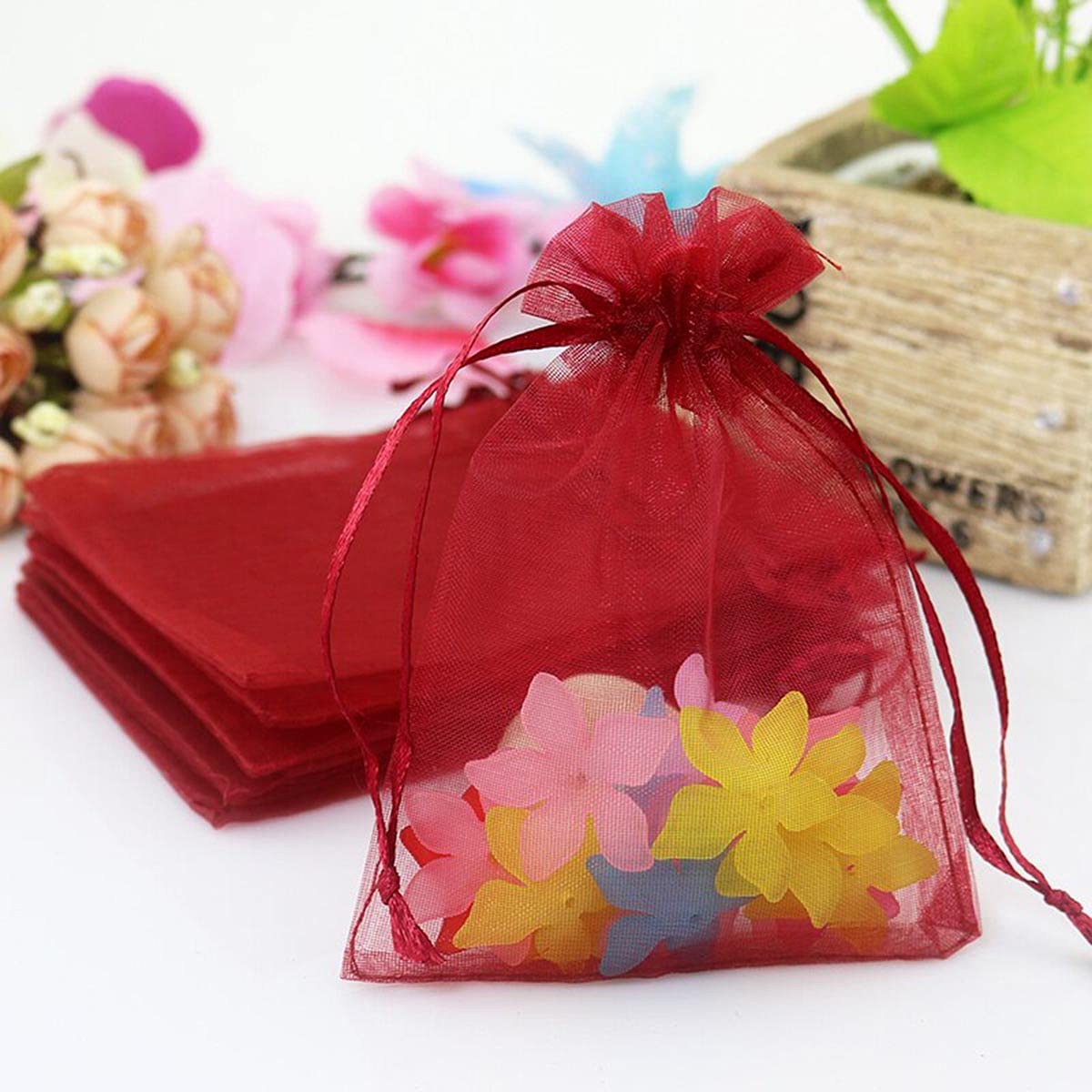 100 sacchetti regalo in organza verde chiaro con coulisse, 10