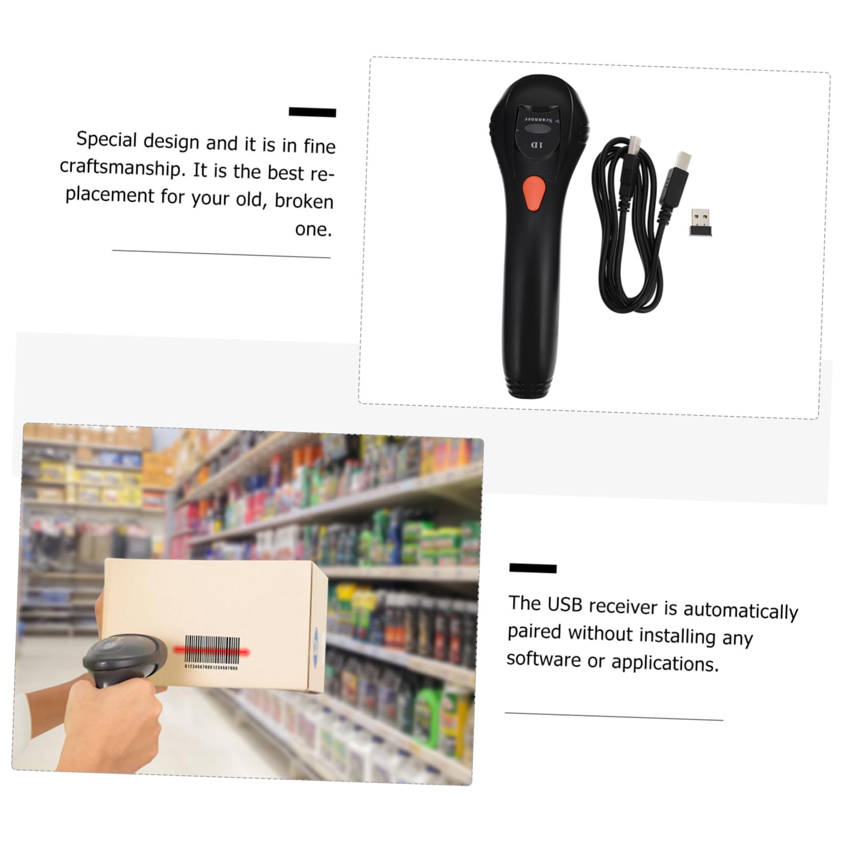 Lecteur de Codes-Barres sans Fil USB Automatique en Abs Noir