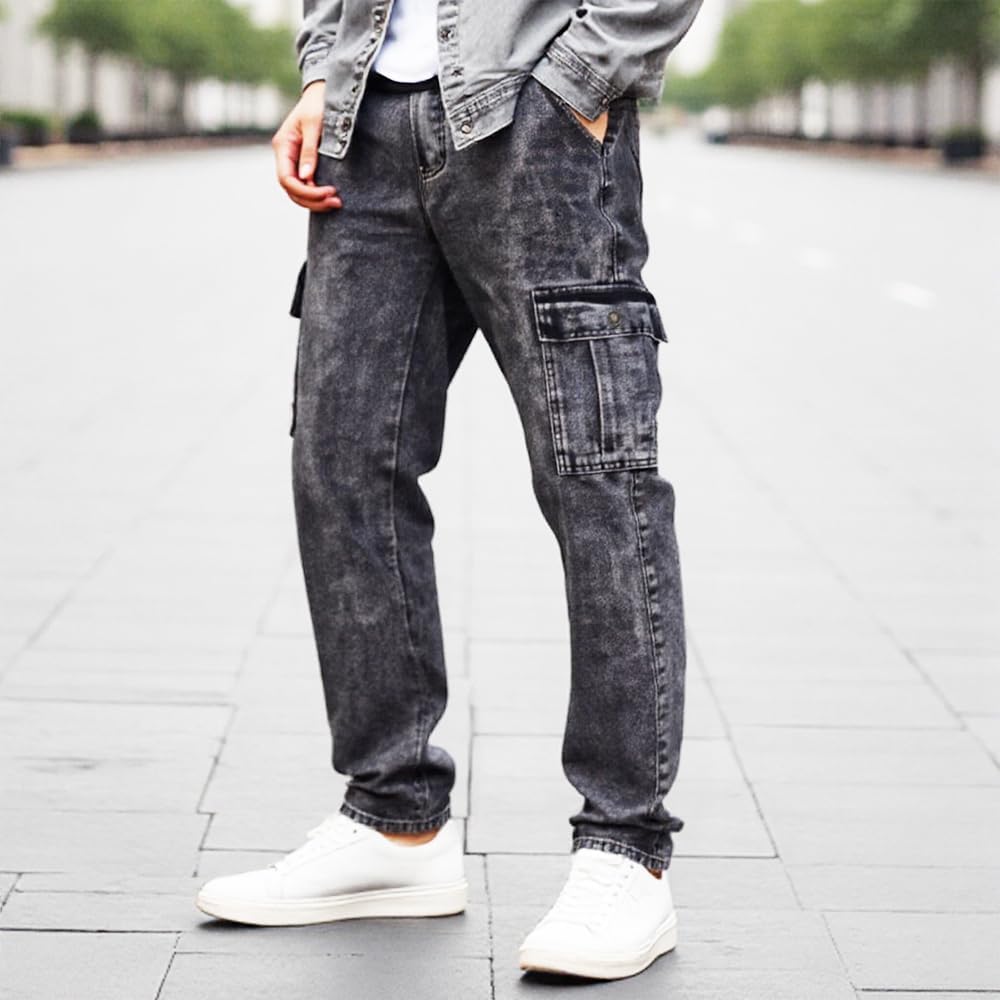 Men’s Slim Fit Cargo Jeans – Straight Leg Streetwear Denim Pants with Flap Pockets, Multipocket Workwear Style - Image 6