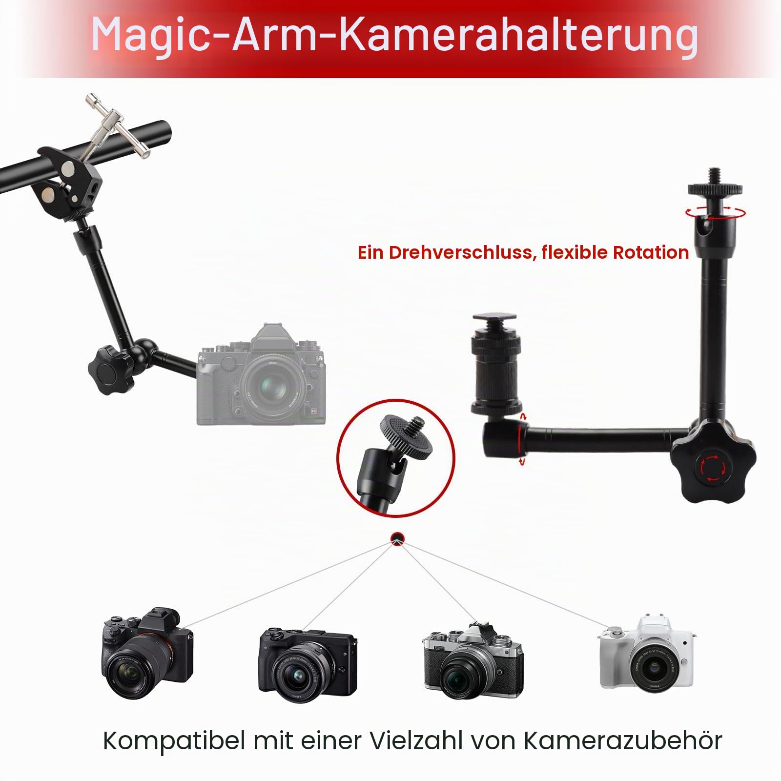 11 Zoll Verstellbarer Magic Arm mit Superklemme, 360° Kugelköpfe, Gelenkiger Magic Arm mit 1/4" und 3/8" Gewindebohrungen für Stativ, Monitor, Kamera