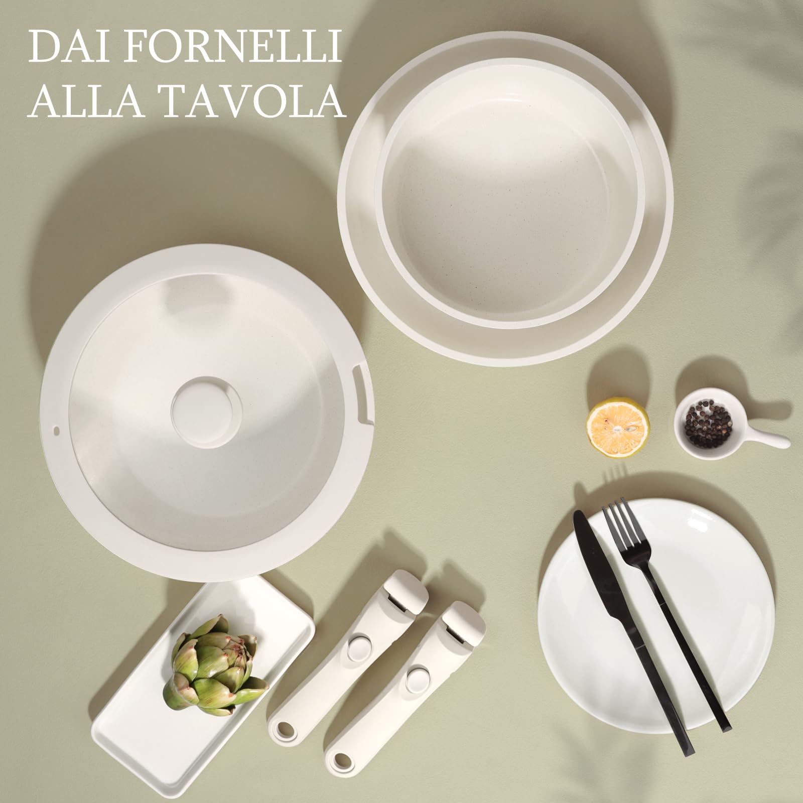 GiPP Set di Pentole e Padelle Ceramiche Antiaderenti 5 Pezzi con Manico Amovibile - Cucina Sana per Camper, Senza Tossine, Compatibile Induzione Forno Lavastoviglie