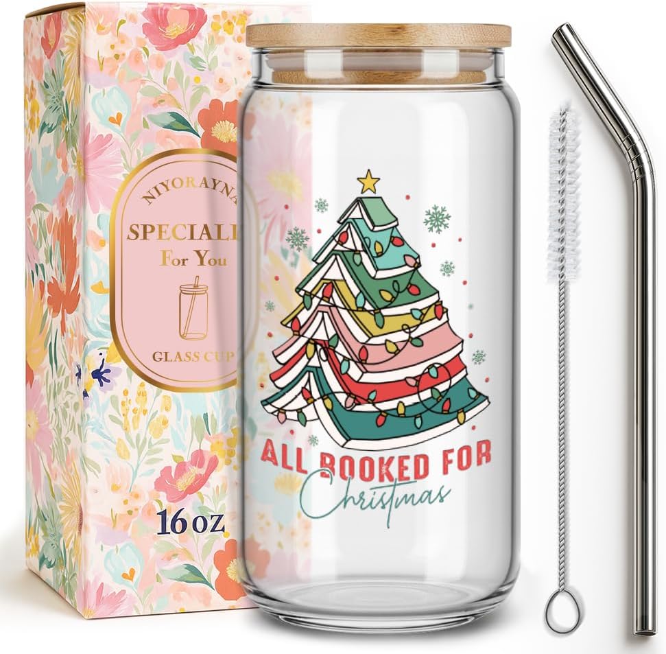 Funny Christmas Cups Mug Bookish Gifts for Women,Friends,Sister,Reader,All Booked for Christmas Tree Glasses Tumbler Gifts,Book Club Gift 16oz Drinking Glass Coffee Cups with Lid and Straw-75