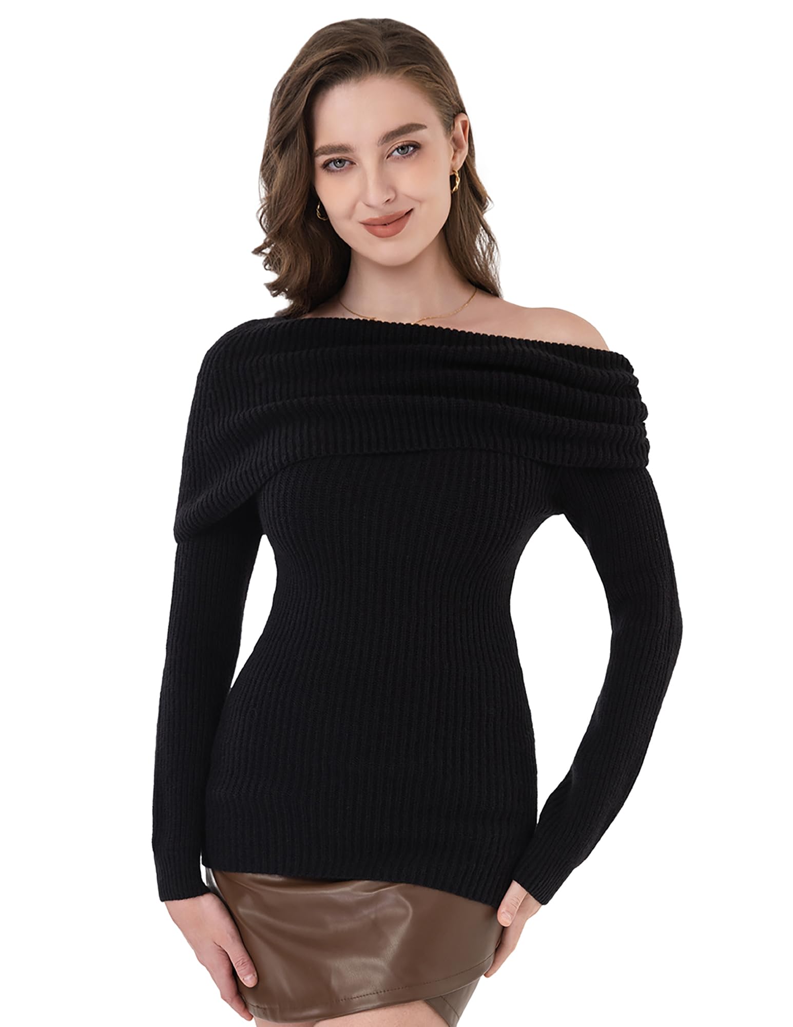 Am lieBoutik Women Off Shoulder Sweater Dressy Casual Slim Fit Long Sleeve Ribbed Knit Going Out Tops Blouse