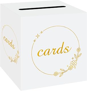 1 Pack White and Gold Card Box for Wedding Party Graduation Bridal Baby Shower Birthday Retirement Decorations Gift Card Holder Cardboard Raffle Ballot Voting Box with Slot 7.8x7.8x7.8 In